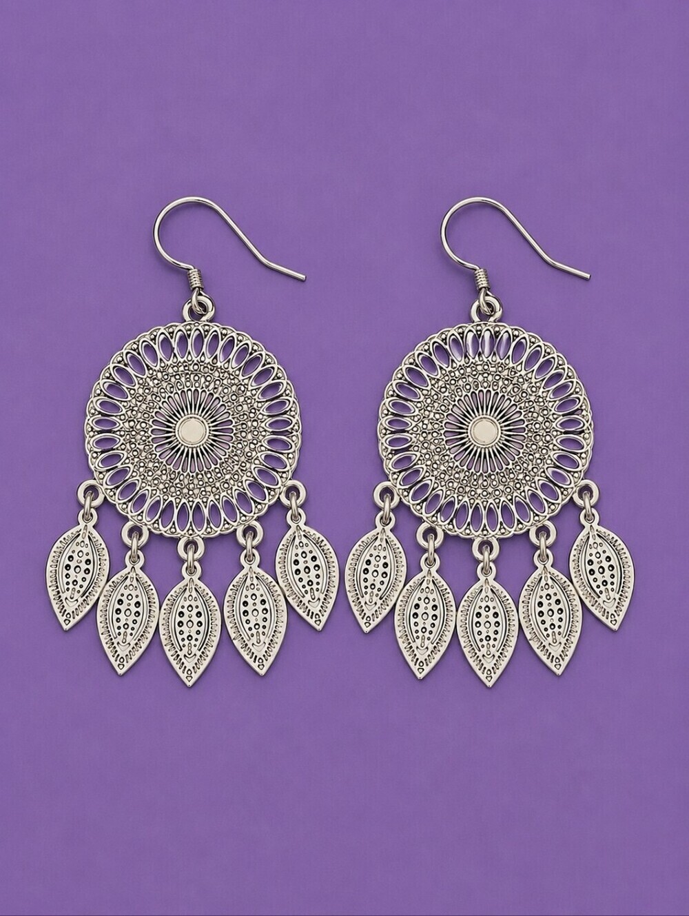 Silvertone Mandala Dream Catcher Chandalier Fringe Dangle Hook Earrings